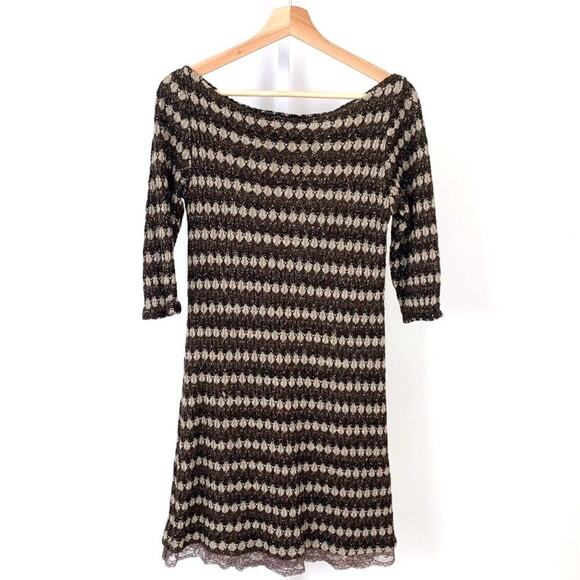 La Fee 3 S Maraboutee Italy Crochet Knit Sweater Dress 3/4 Sleeve Stripe Brown - Picture 1 of 8